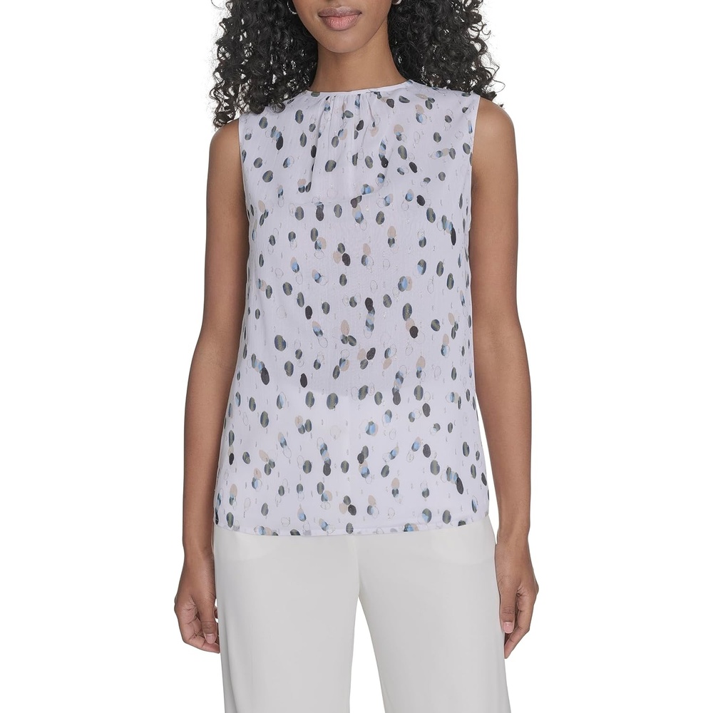 image:imageCalvin Klein Womens Pleat Neck Sleeveless BlouseWhite Multi