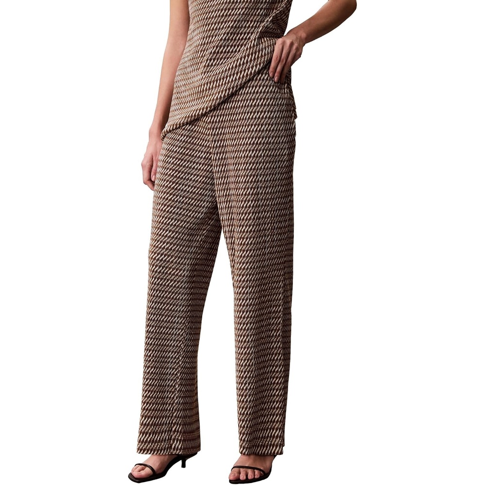 image:imageCalvin Klein Womens Printed Plisse Wide Leg PantsBrown Ladder Print