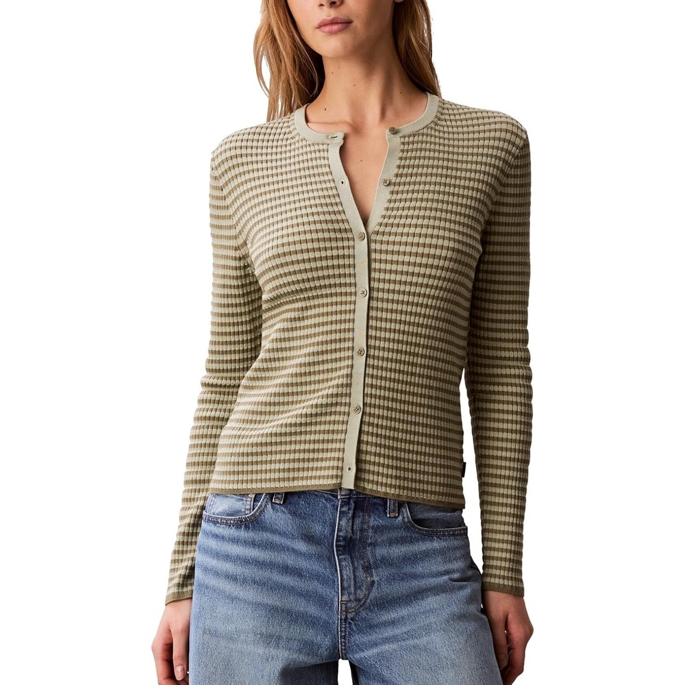 image:imageCalvin Klein Womens Striped Cotton Rayon Long Sleeve TopDeep Lichen Green