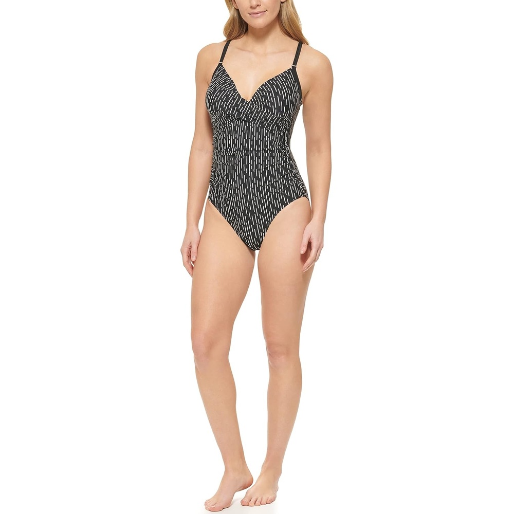 image:imageCalvin Klein Womens VNeck Twist Front Tummy Control One Piece SwimsuitBlack Morse Stripe