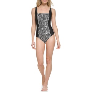 Calvin Klein Women’s Full Coverage Pleated Panel One Piece Swimsuit(Black Multi)