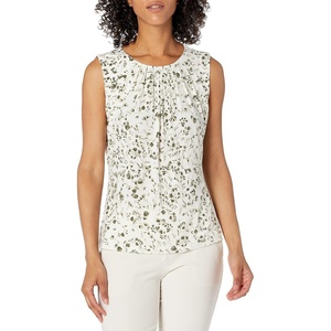 Calvin Klein Women’s Pleat Neck Sleeveless Blouse(Caper Multi)