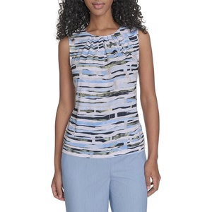 Calvin Klein Women’s Pleat Neck Sleeveless Blouse(Light Sky Multi)