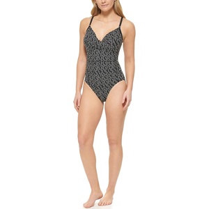Calvin Klein Women’s V-Neck Twist Front Tummy Control One Piece Swimsuit(Black Morse Stripe)