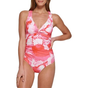 Calvin Klein Women’s V-Neck Twist Front Tummy Control One Piece Swimsuit(Pink Energy Multi)