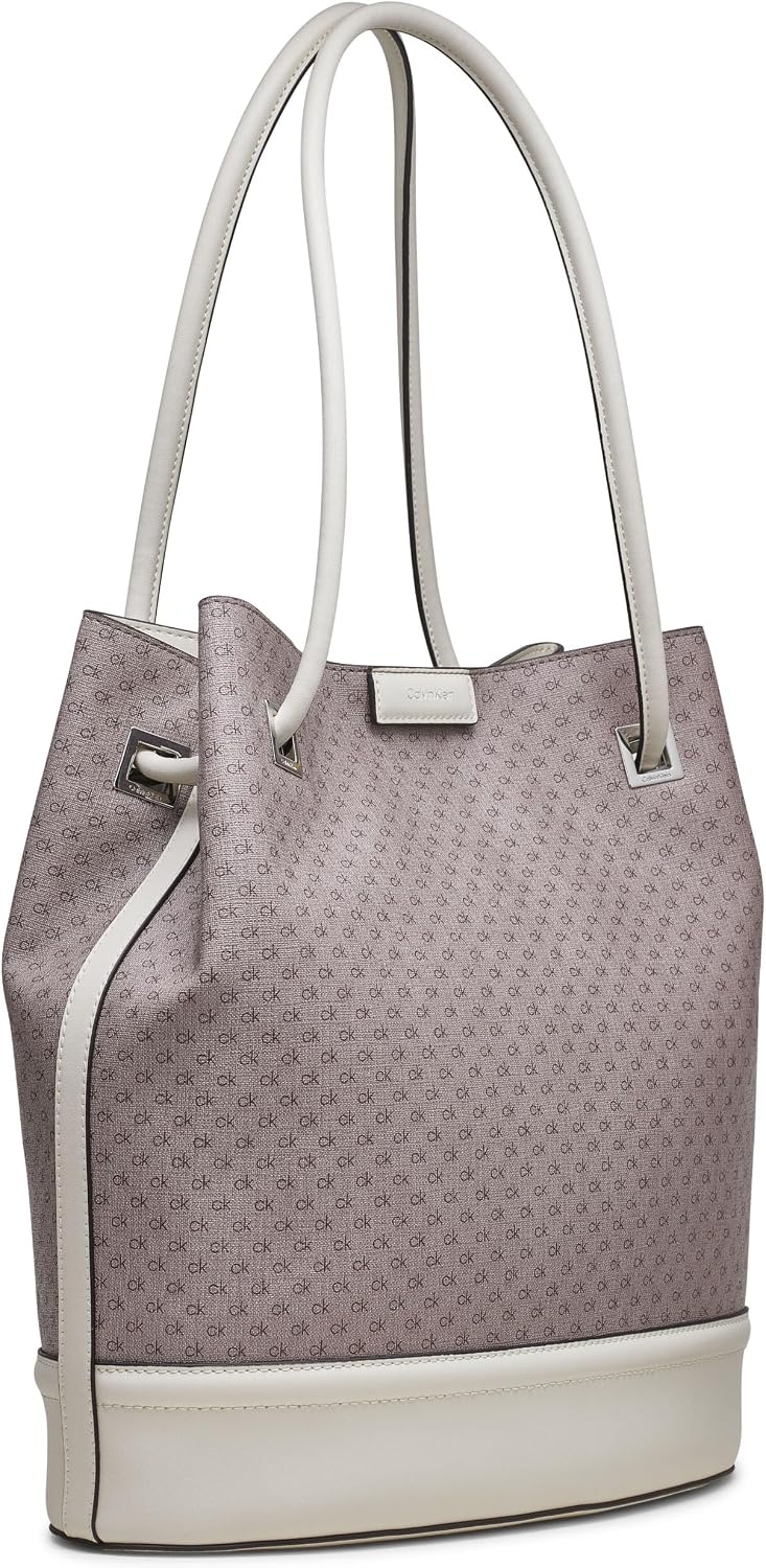 image:imageCalvin Klein Womens Ash Tote Bag NorthSouth Vegan Leather 2 PocketsAlmondTaupeCherub White