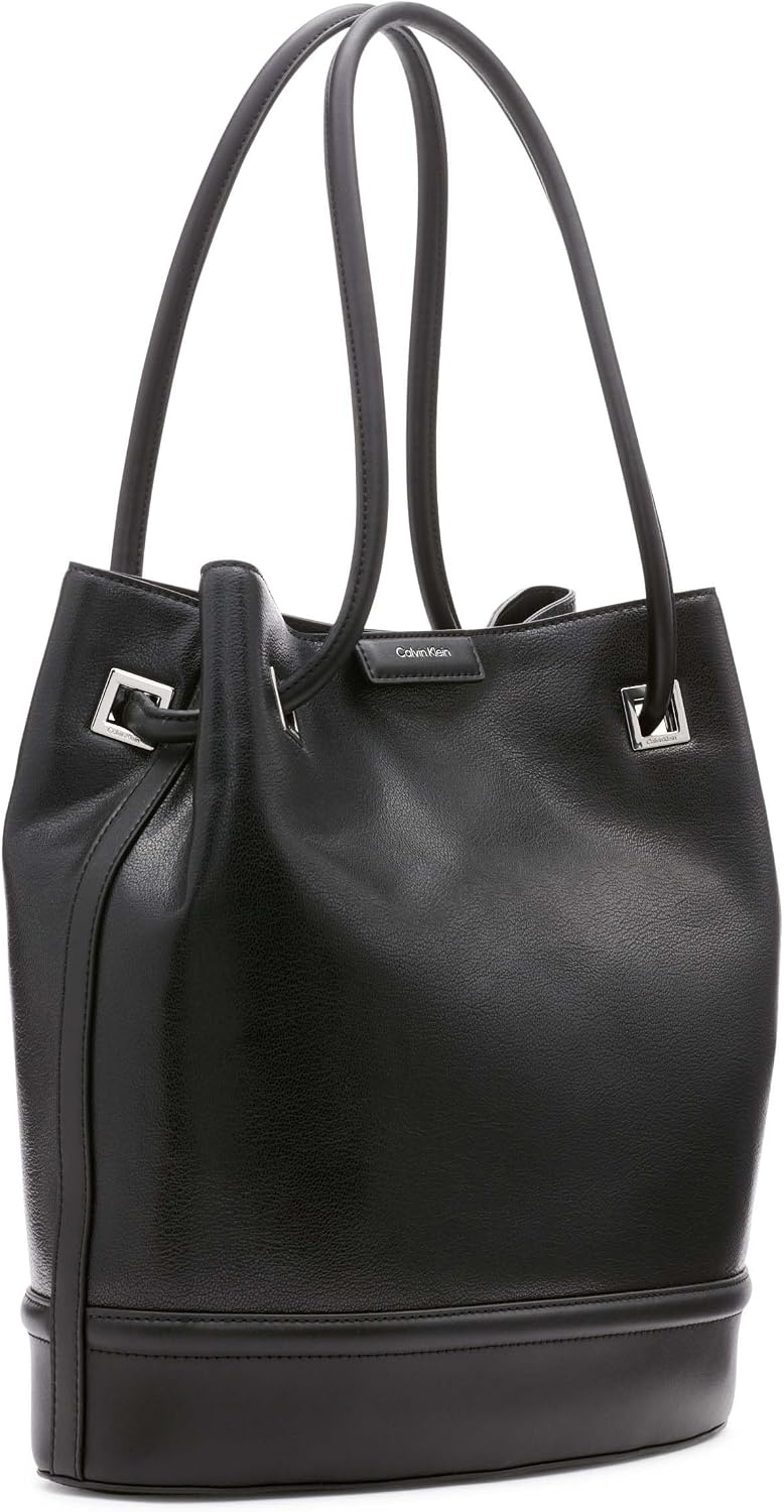 image:imageCalvin Klein Womens Ash Tote Bag NorthSouth Vegan Leather 2 PocketsBlackSilver