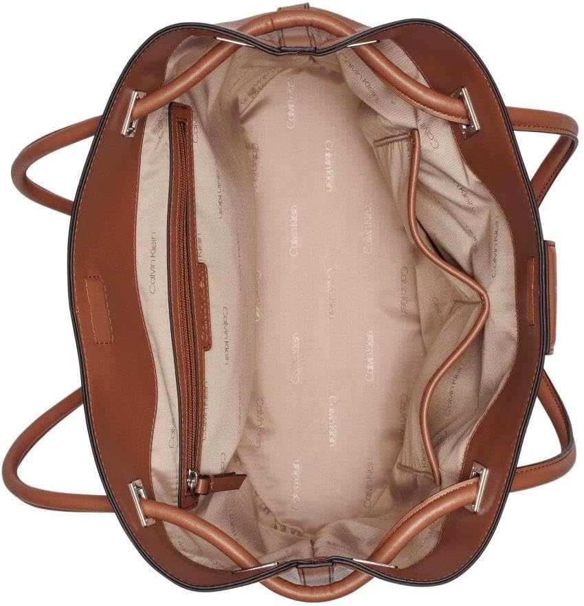 image:imageCalvin Klein Womens Ash Tote Bag NorthSouth Vegan Leather 2 PocketsCaramel