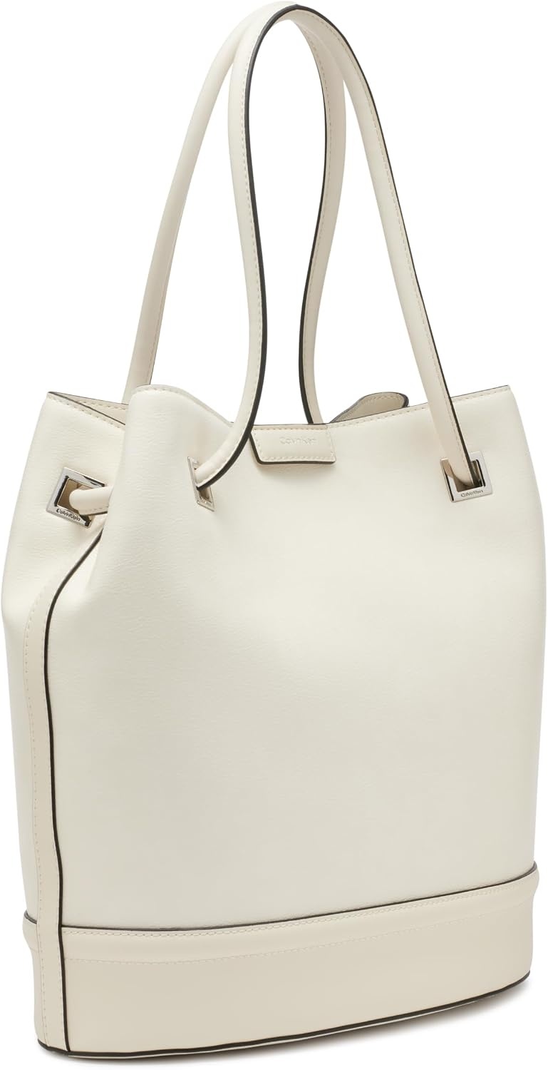 image:imageCalvin Klein Womens Ash Tote Bag NorthSouth Vegan Leather 2 PocketsCherub White