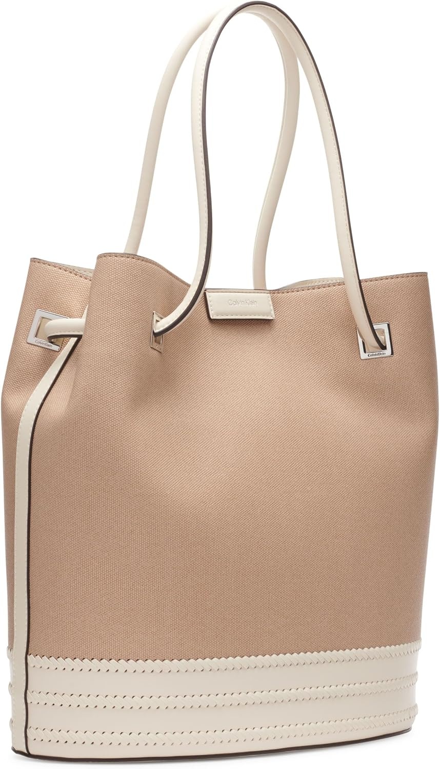 image:imageCalvin Klein Womens Ash Tote Bag NorthSouth Vegan Leather 2 PocketsNaturalWhite Canvas