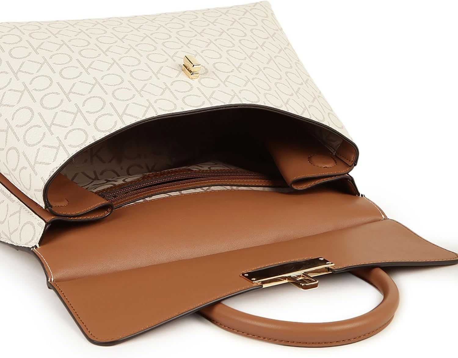 image:imageCalvin Klein Womens Becky Turn Lock Satchel Turn LockVanillaKhakiCaramel