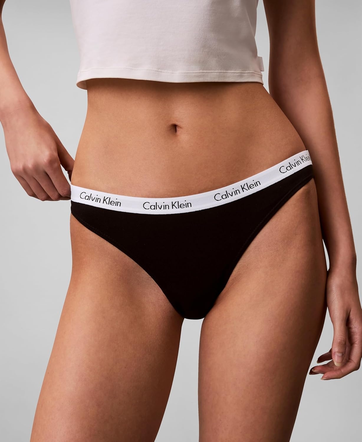 image:imageCalvin Klein Womens Carousel Logo Cotton Stretch Bikini Panties 3 PackBlackGrey HthrFeeder Stripe Coral Almond