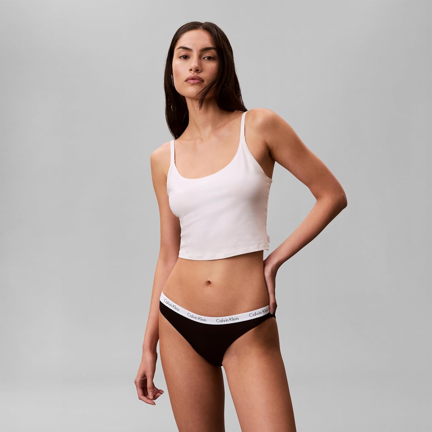 image:imageCalvin Klein Womens Carousel Logo Cotton Stretch Bikini Panties 3 PackBlackGrey HthrFeeder Stripe Coral Almond
