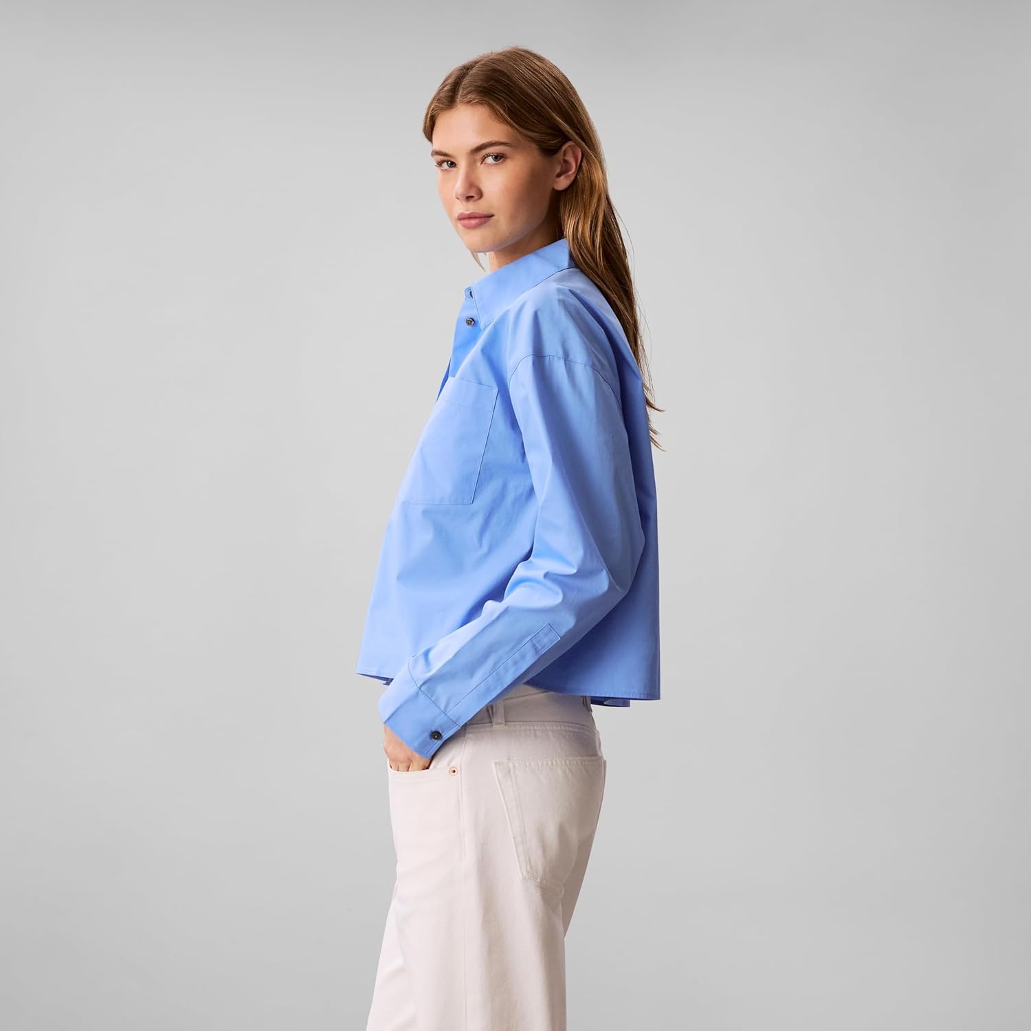 image:imageCalvin Klein Womens Cotton Poplin Cropped ShirtBlue Descent