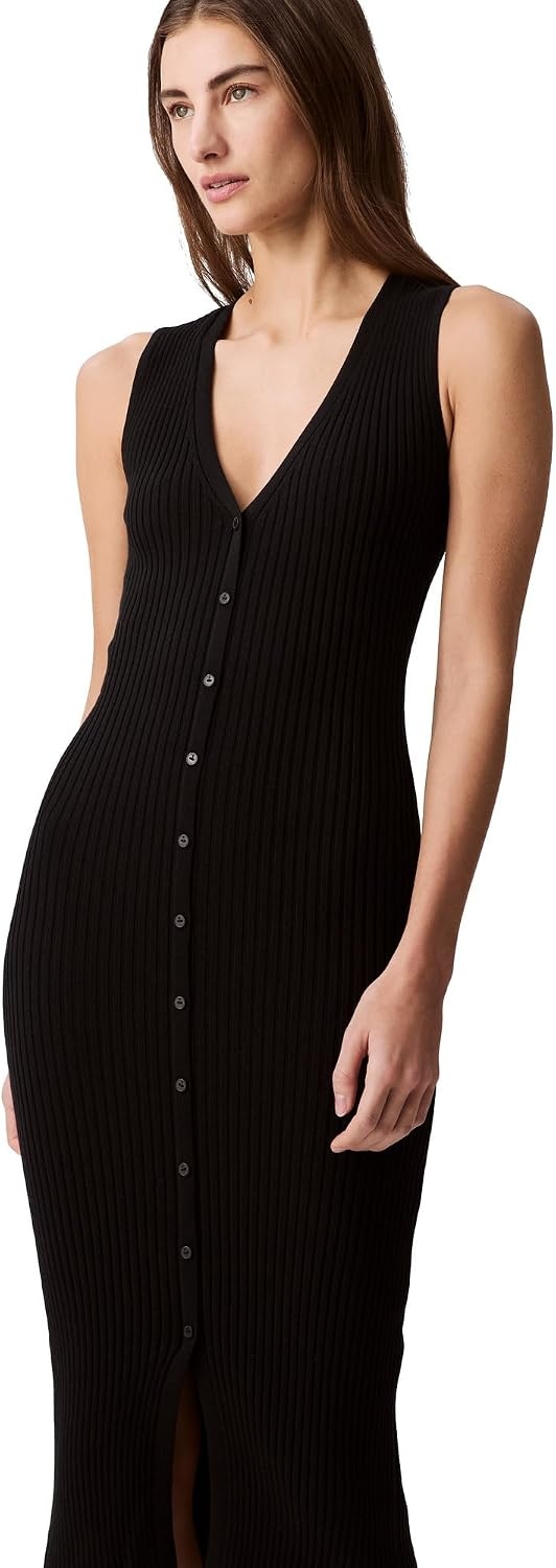 image:imageCalvin Klein Womens Cotton Rib VNeck Polo DressBlack
