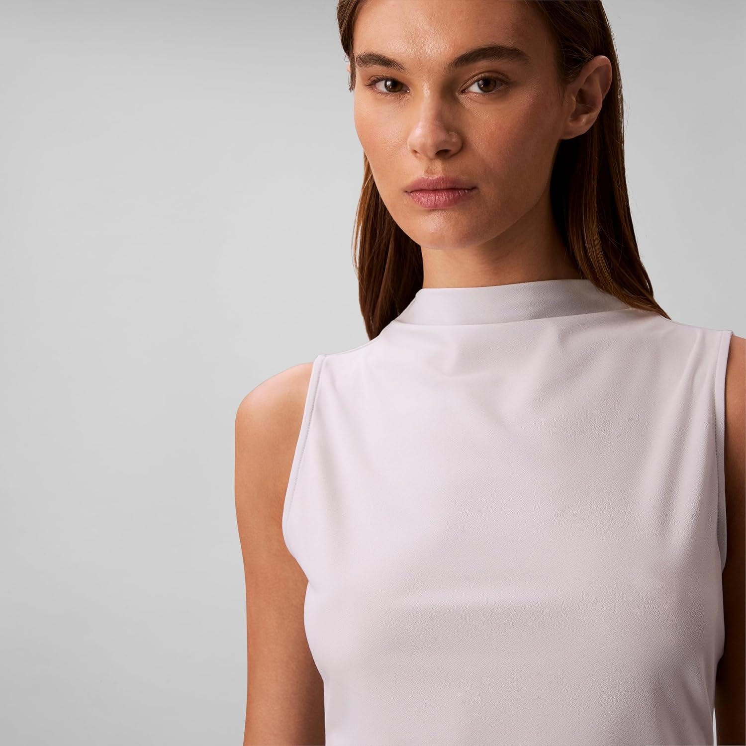 image:imageCalvin Klein Womens Crepe Mock Neck TopOyster Mushroom