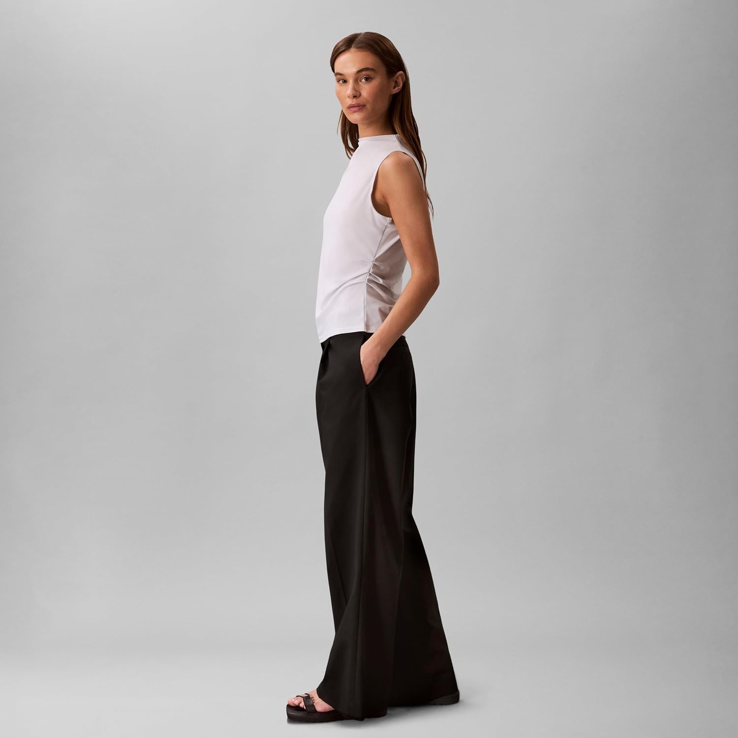 image:imageCalvin Klein Womens Crepe Mock Neck TopOyster Mushroom
