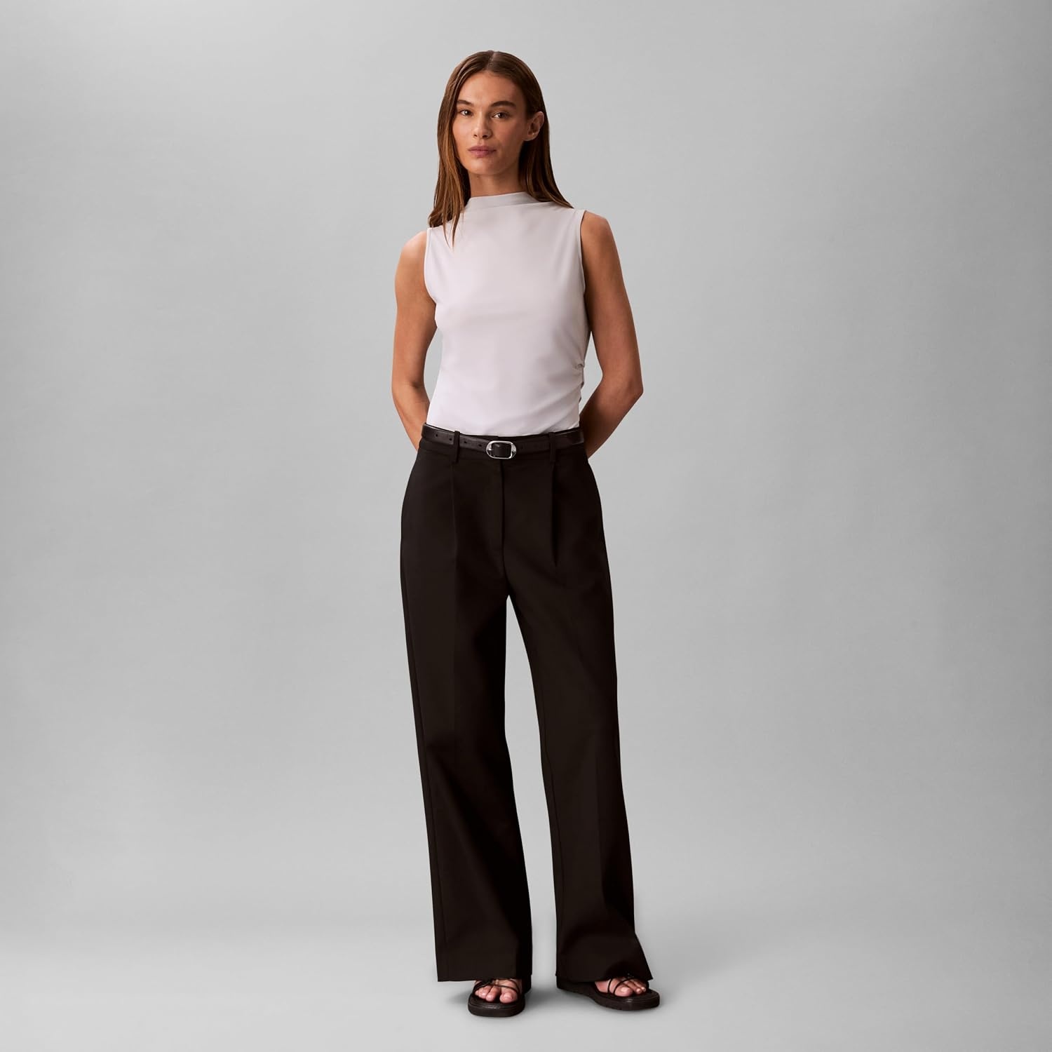 image:imageCalvin Klein Womens Crepe Mock Neck TopOyster Mushroom