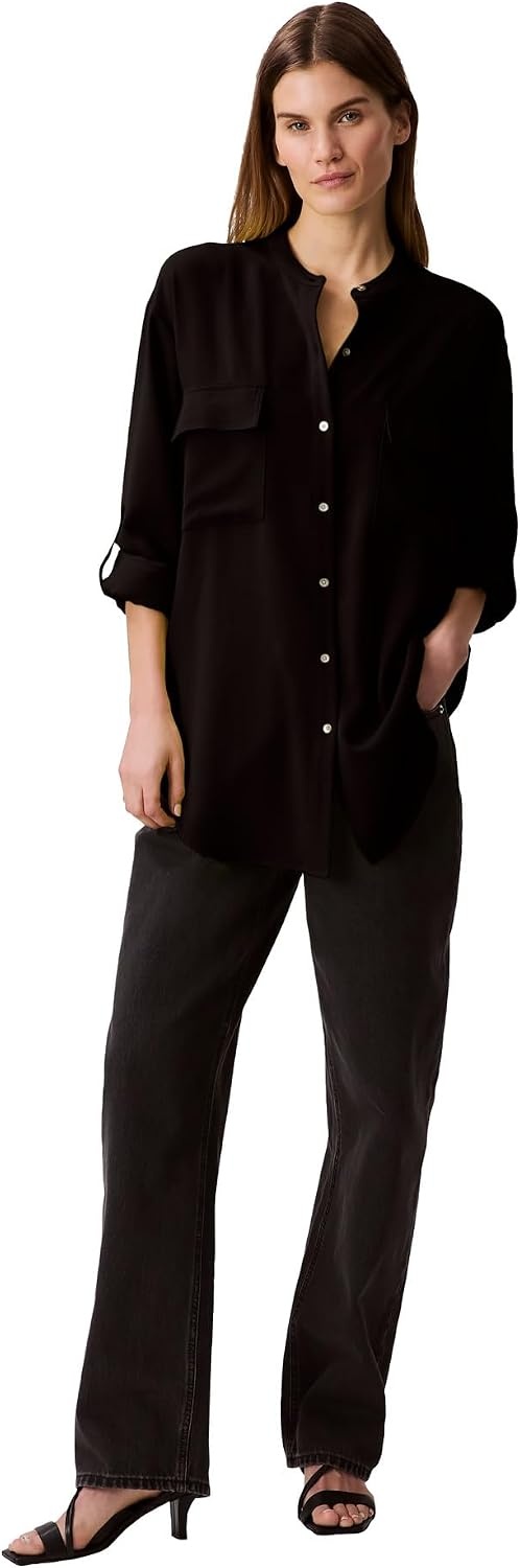 image:imageCalvin Klein Womens Crepe Relaxed ButtonDown ShirtBlack