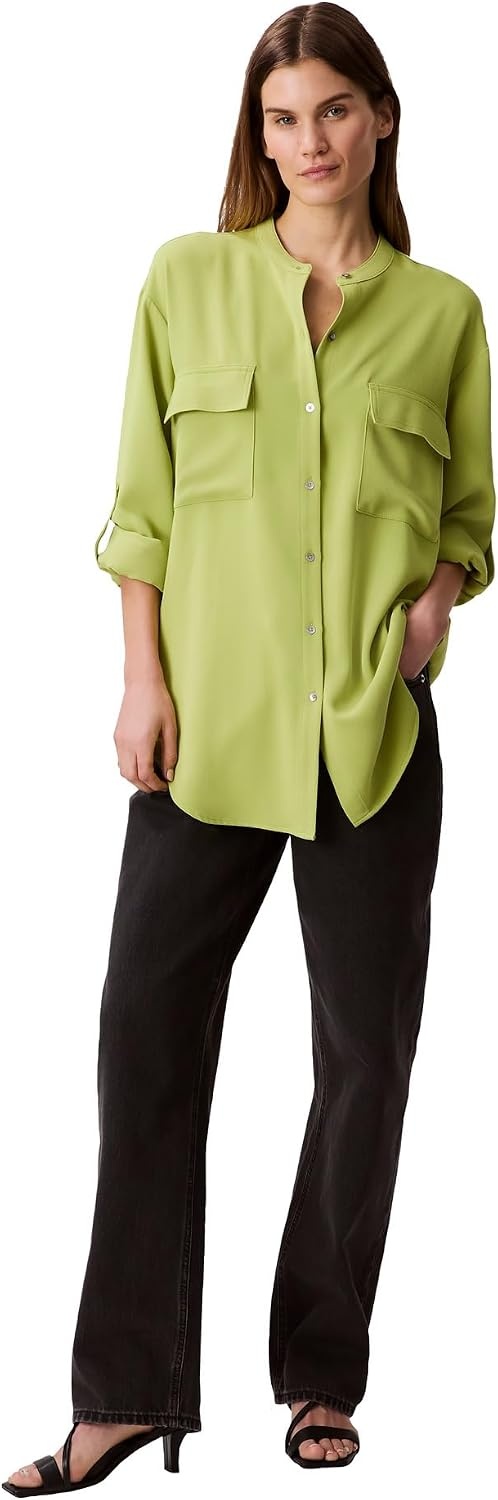 image:imageCalvin Klein Womens Crepe Relaxed ButtonDown ShirtDark Citron