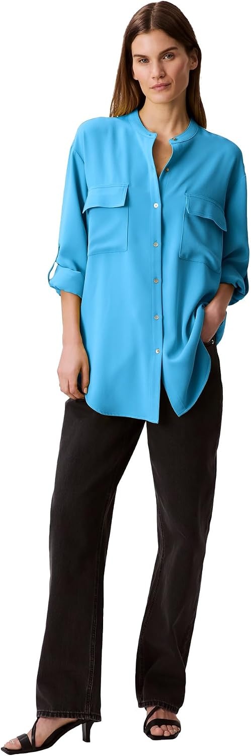 image:imageCalvin Klein Womens Crepe Relaxed ButtonDown ShirtEthereal Blue