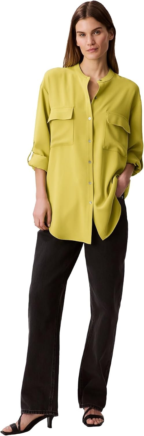 image:imageCalvin Klein Womens Crepe Relaxed ButtonDown ShirtWarm Olive