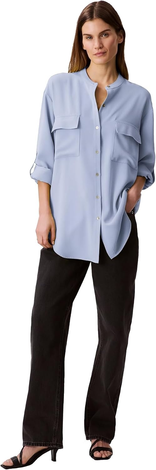 image:imageCalvin Klein Womens Crepe Relaxed ButtonDown ShirtZen Blue
