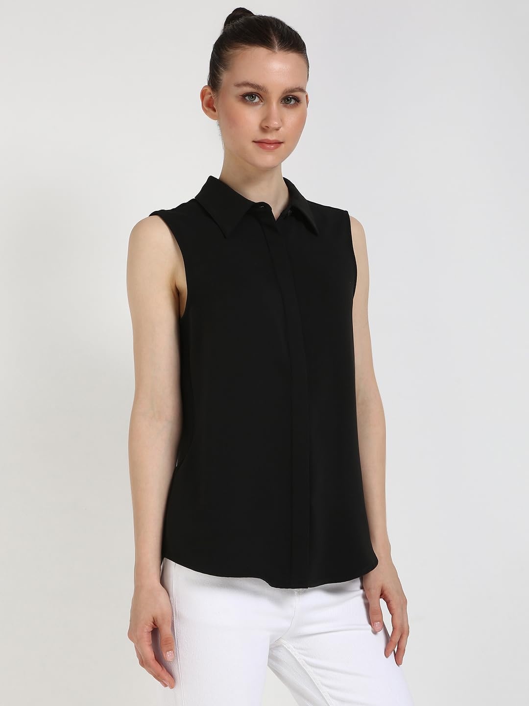 image:imageCalvin Klein Womens Crepe Sleeveless ButtonDown TopBlack