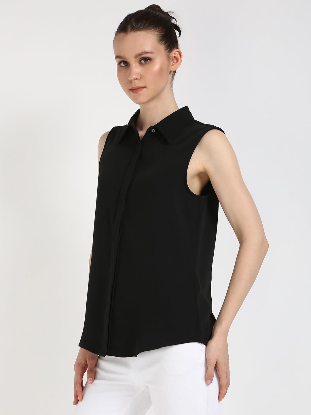 image:imageCalvin Klein Womens Crepe Sleeveless ButtonDown TopBlack
