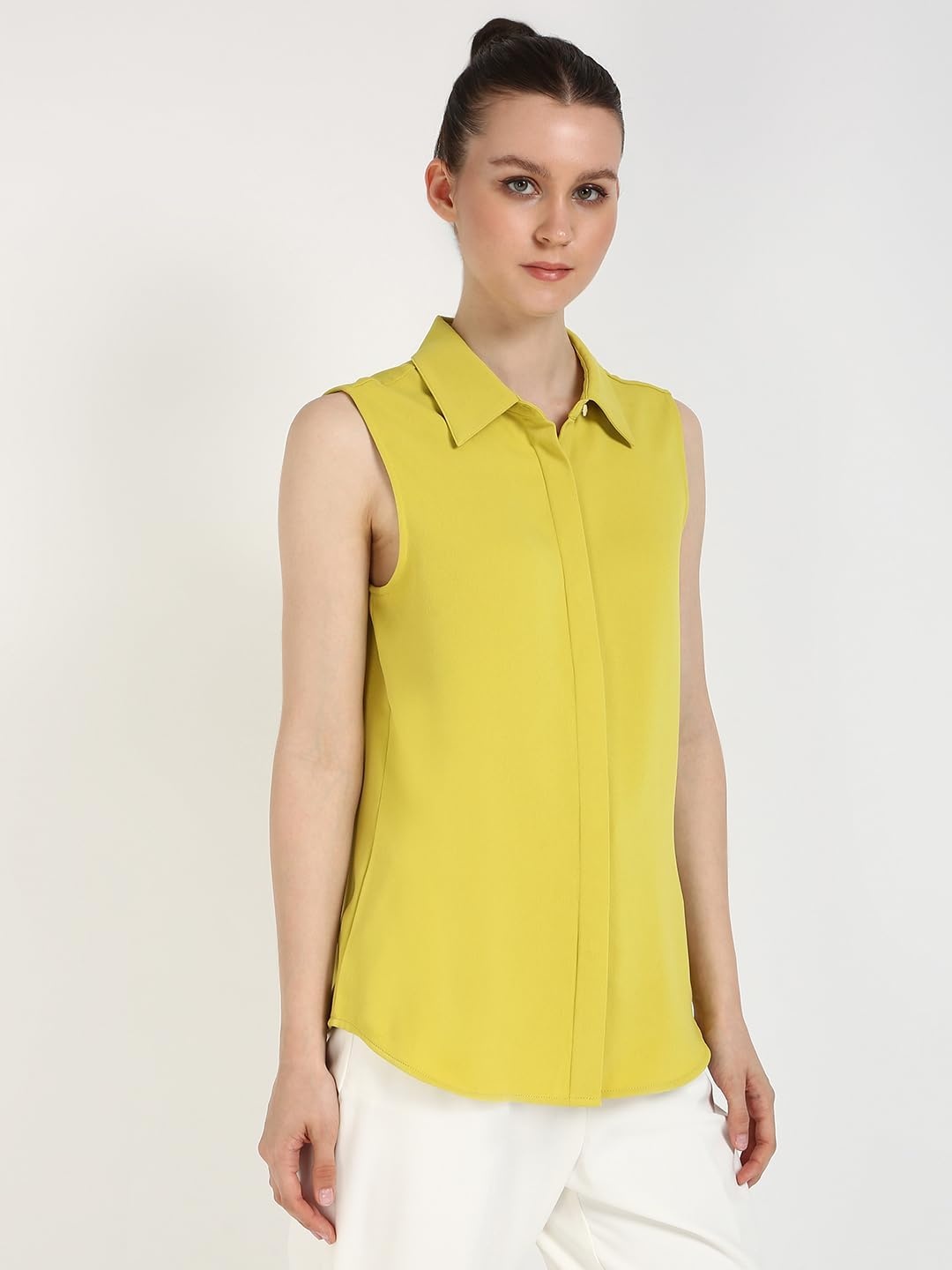 image:imageCalvin Klein Womens Crepe Sleeveless ButtonDown TopYellow