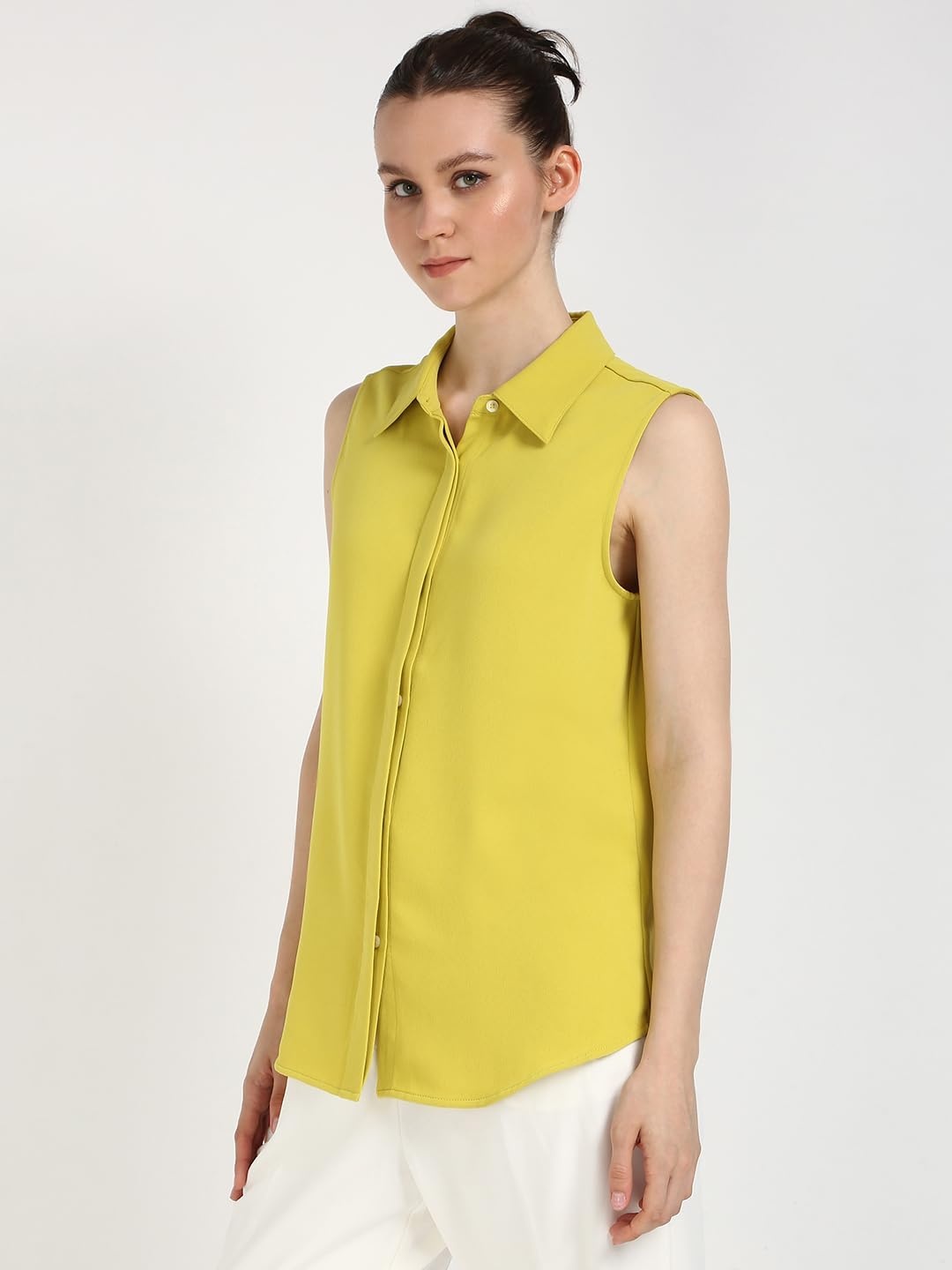 image:imageCalvin Klein Womens Crepe Sleeveless ButtonDown TopYellow