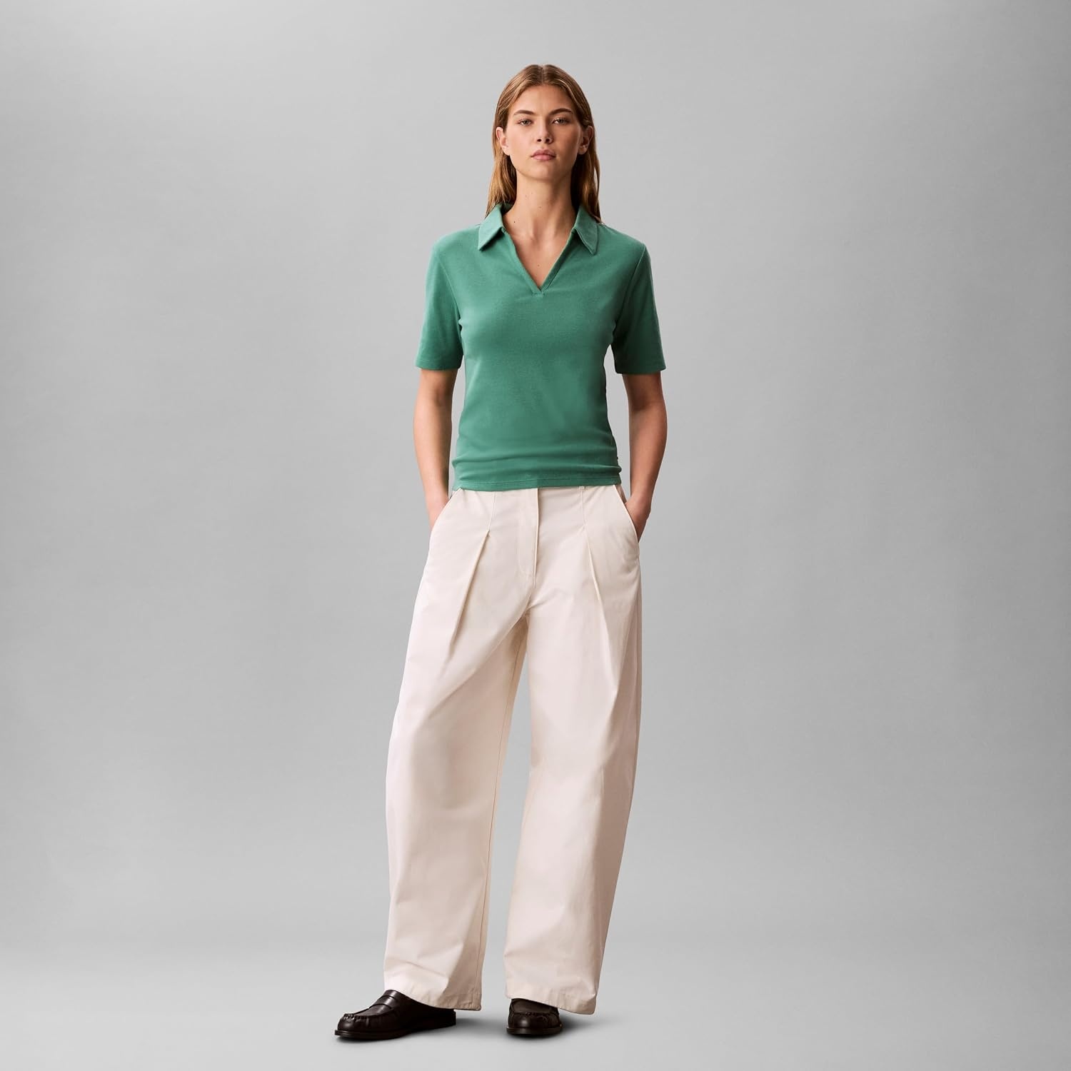image:imageCalvin Klein Womens Johnny Collar Half Sleeve TopWild Green