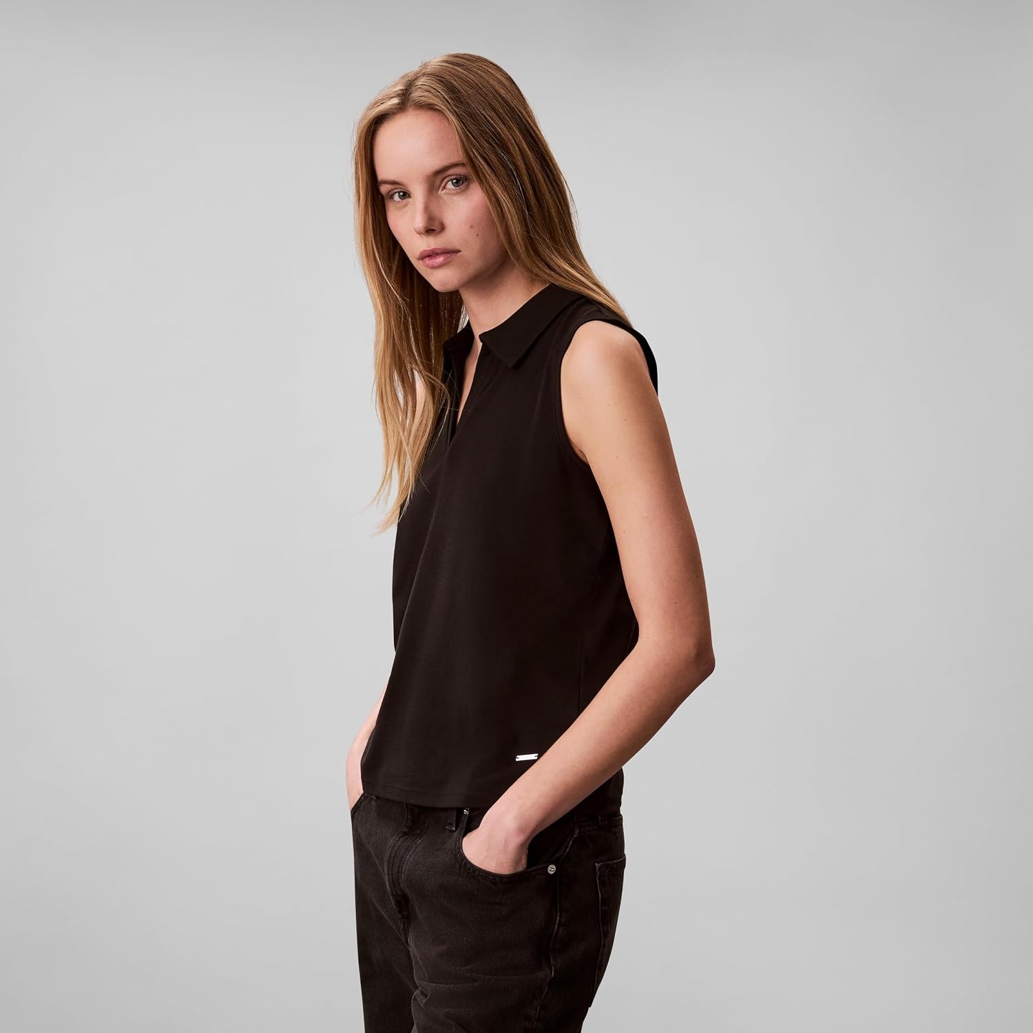image:imageCalvin Klein Womens Johnny Collar Sleeveless TopBlack