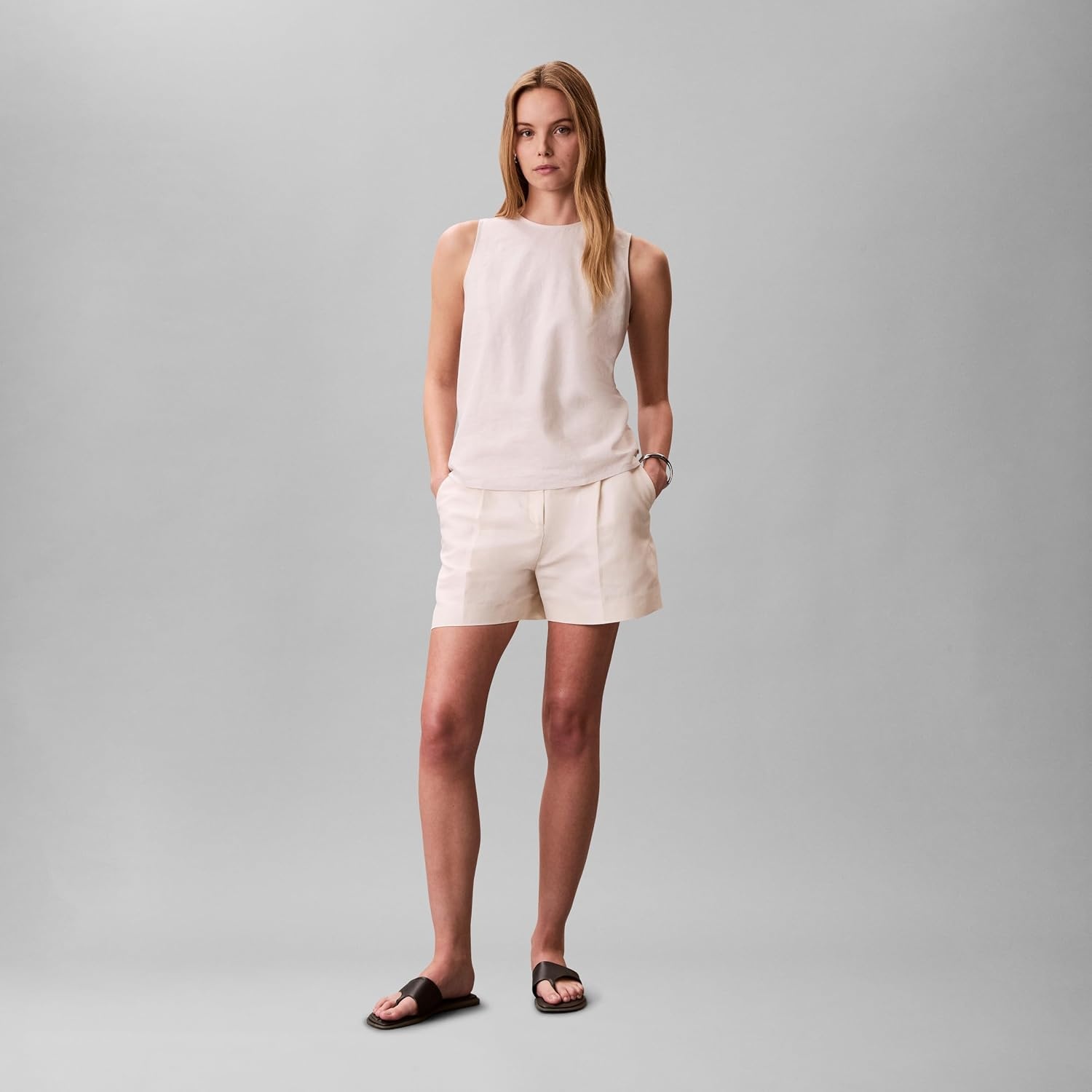 image:imageCalvin Klein Womens Linen Blend Shell TopWhite Sand