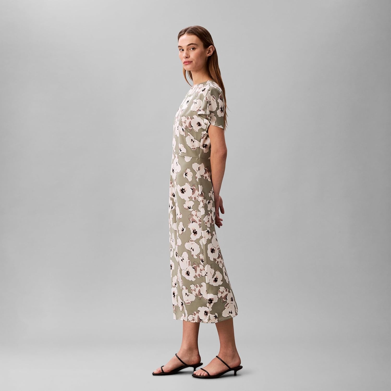 image:imageCalvin Klein Womens Matte Satin Short Sleeve Midi DressShadow Buttercup Floral Print