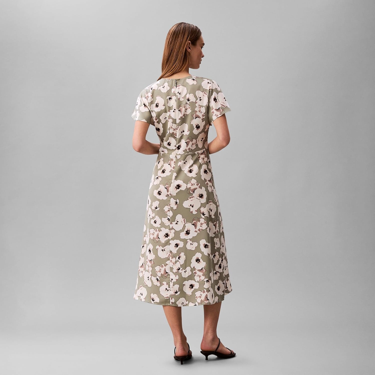 image:imageCalvin Klein Womens Matte Satin Short Sleeve Midi DressShadow Buttercup Floral Print