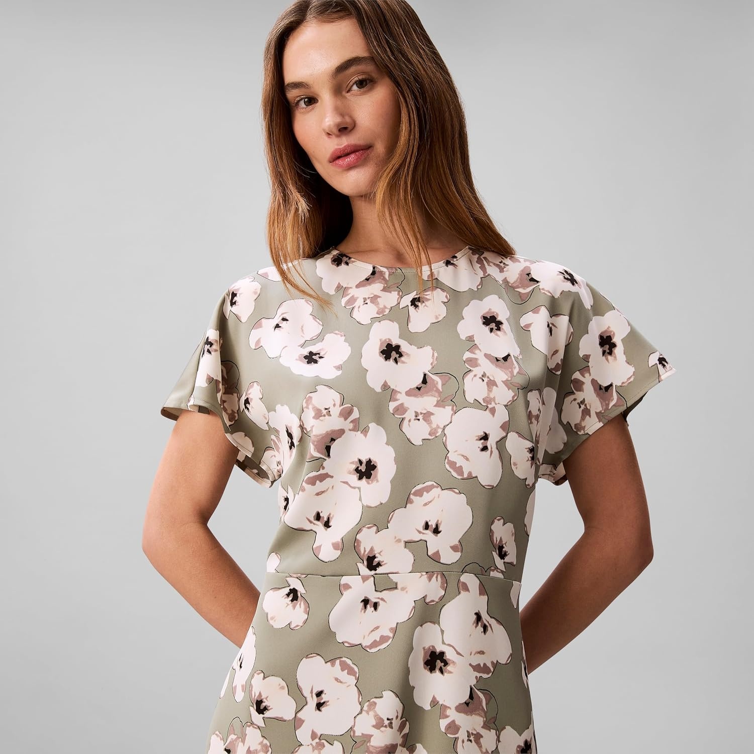 image:imageCalvin Klein Womens Matte Satin Short Sleeve Midi DressShadow Buttercup Floral Print