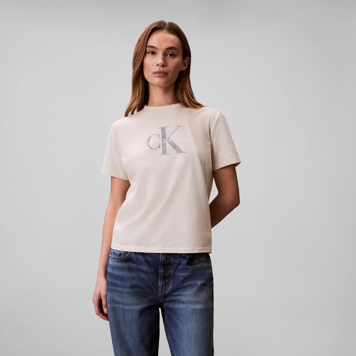 image:imageCalvin Klein Womens Monogram Logo Crewneck TShirtBone White