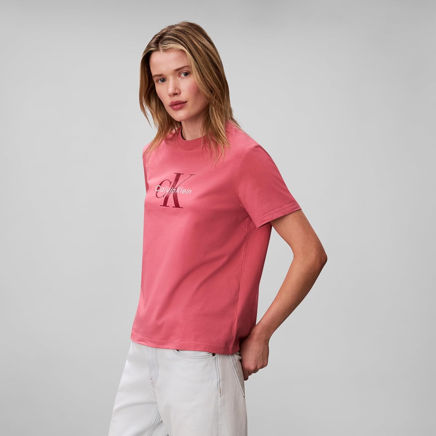 image:imageCalvin Klein Womens Monogram Logo Crewneck TShirtBrilliant Pink
