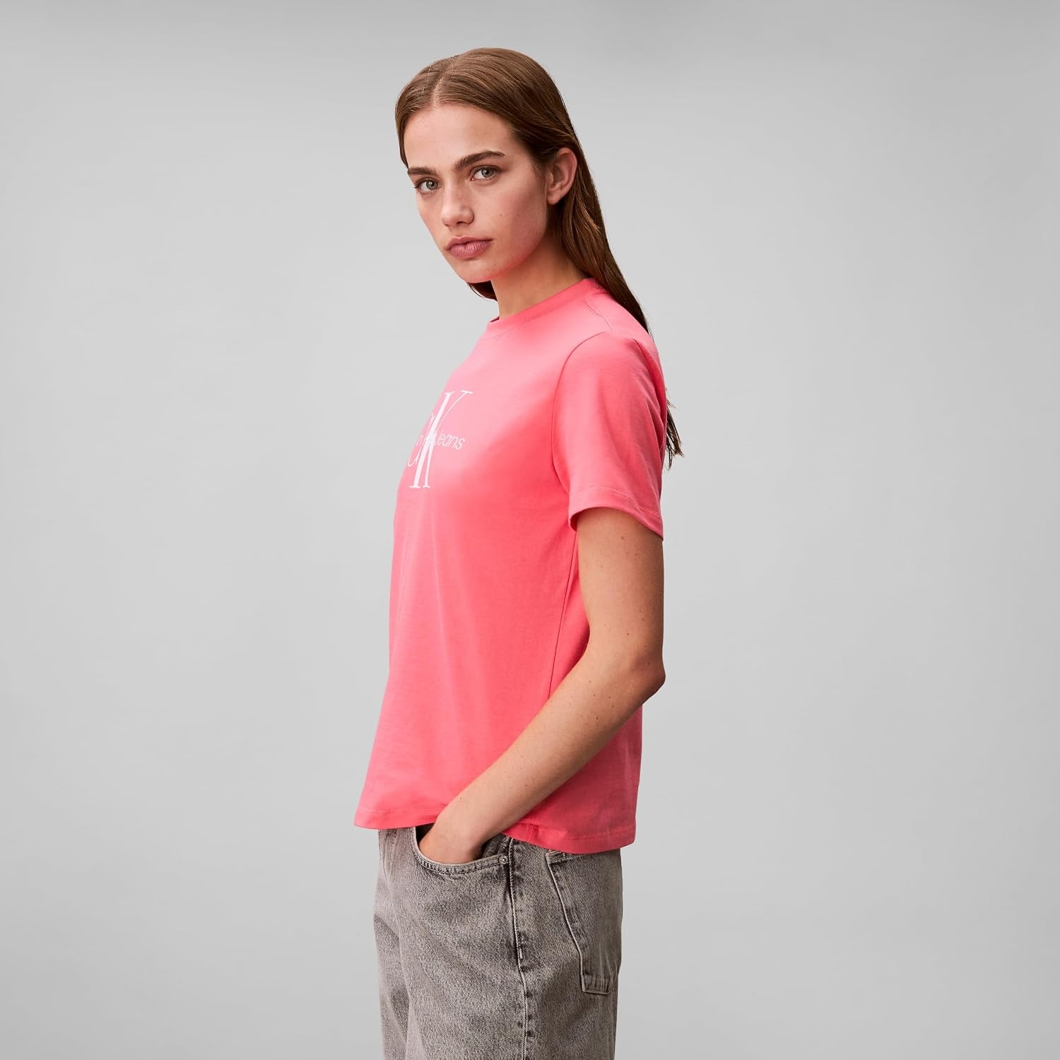 image:imageCalvin Klein Womens Monogram Logo Crewneck TShirtCoral Paradise