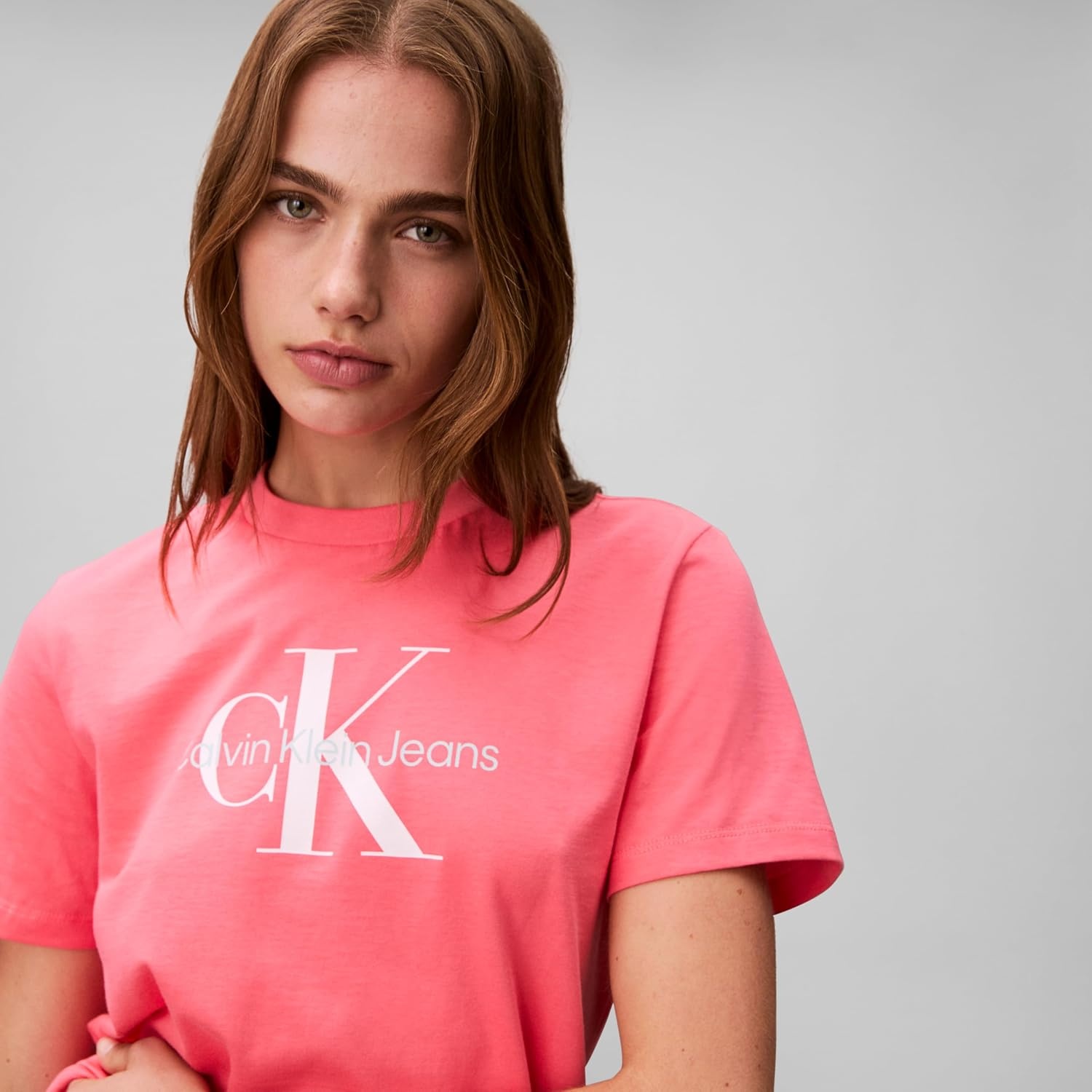 image:imageCalvin Klein Womens Monogram Logo Crewneck TShirtCoral Paradise