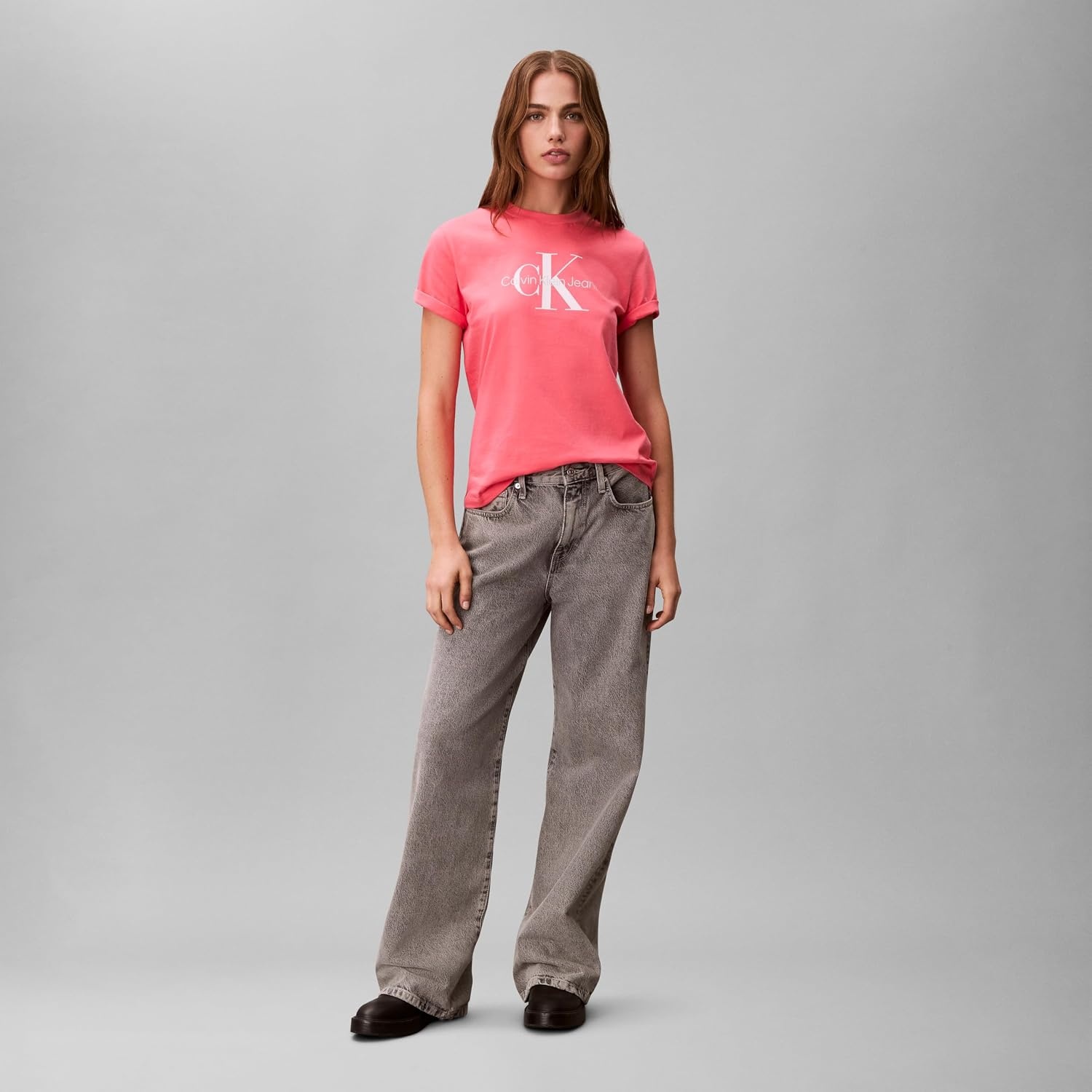 image:imageCalvin Klein Womens Monogram Logo Crewneck TShirtCoral Paradise