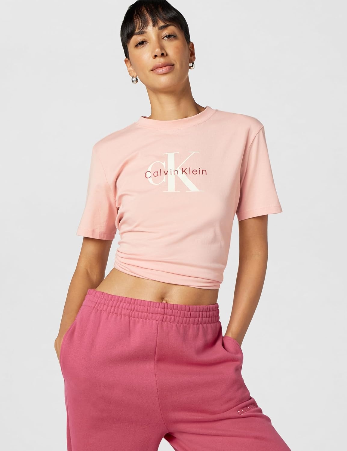 image:imageCalvin Klein Womens Monogram Logo Crewneck TShirtPink Sand