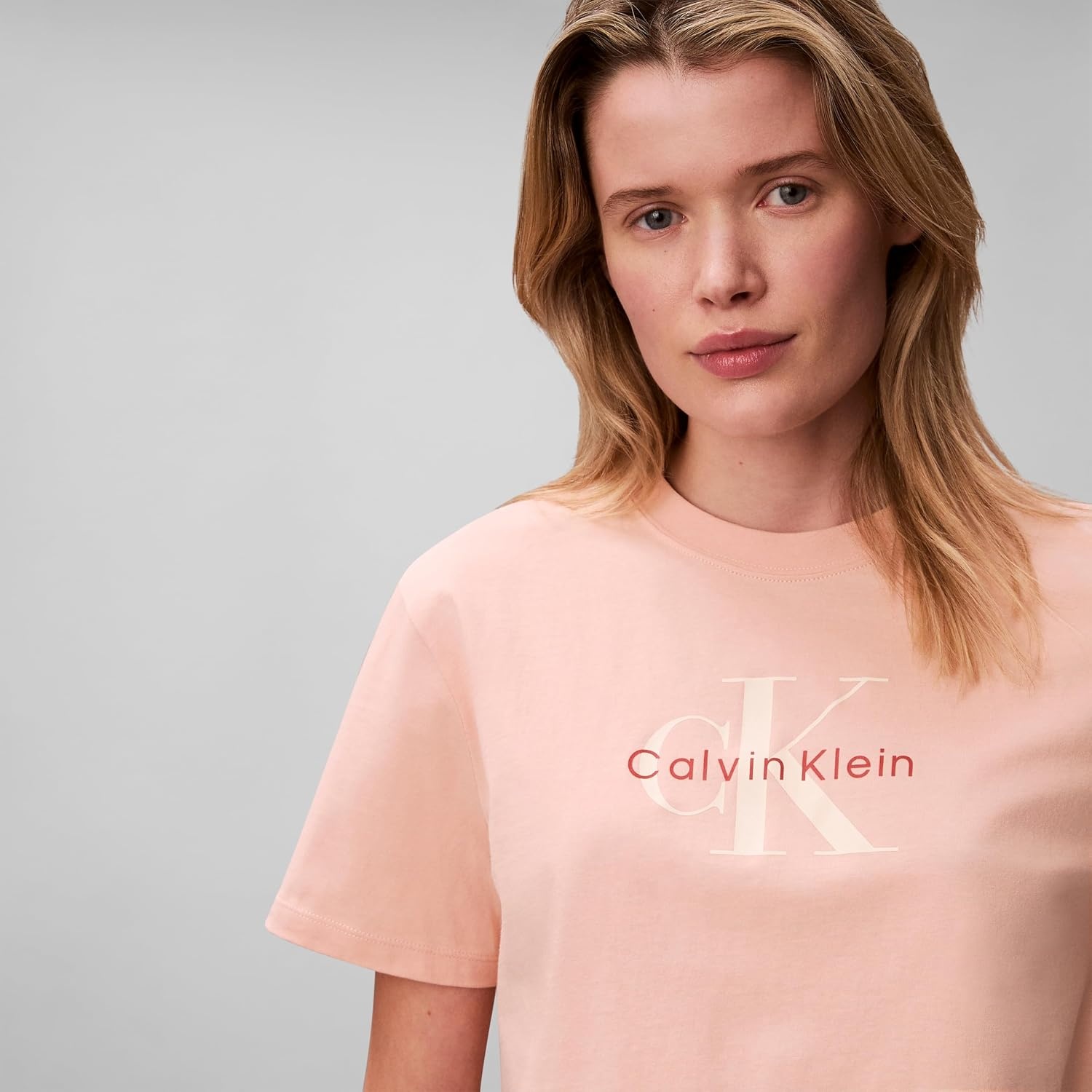 image:imageCalvin Klein Womens Monogram Logo Crewneck TShirtPink Sand