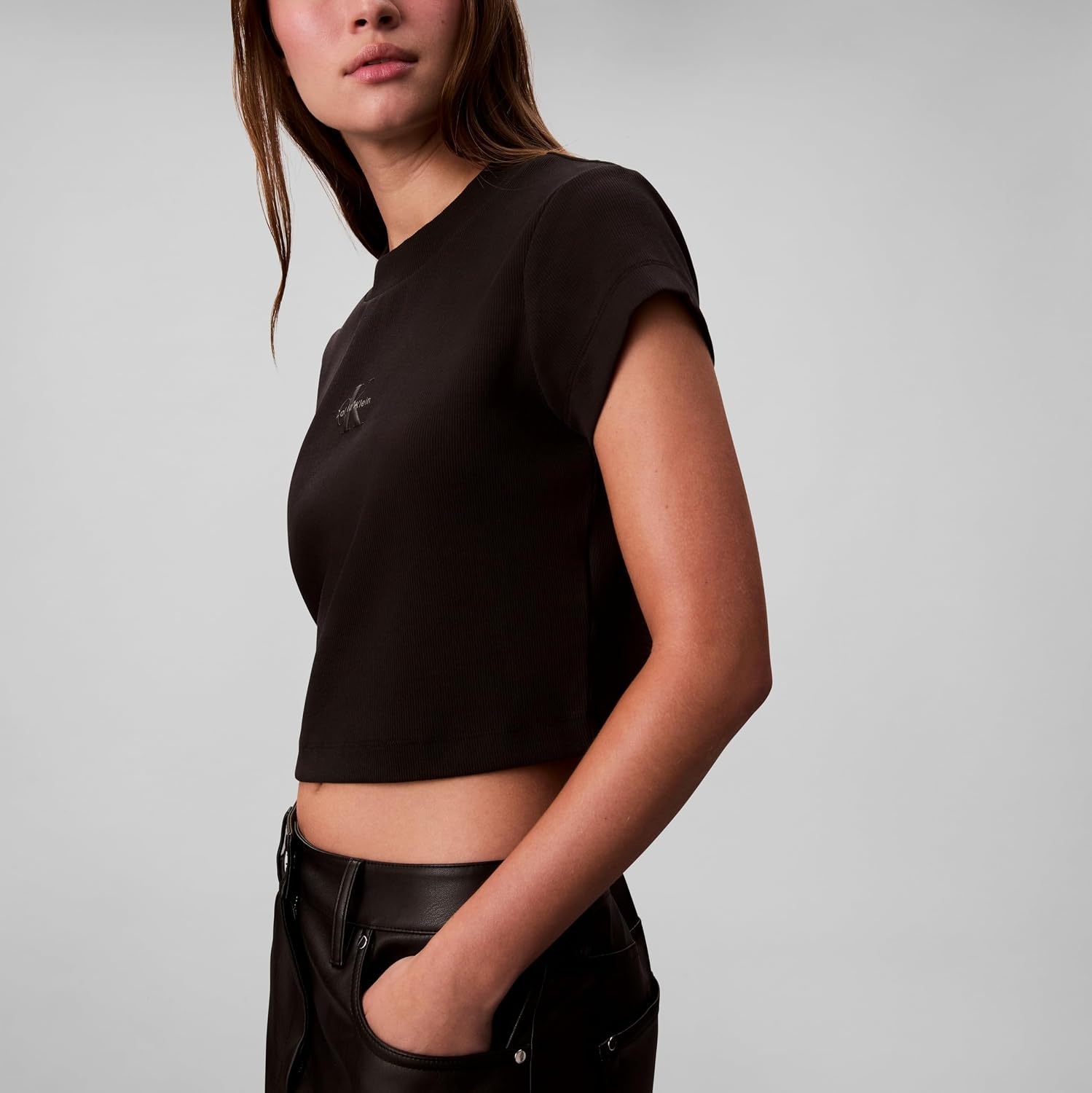 image:imageCalvin Klein Womens Monogram Logo Ribbed Baby TeeBlack