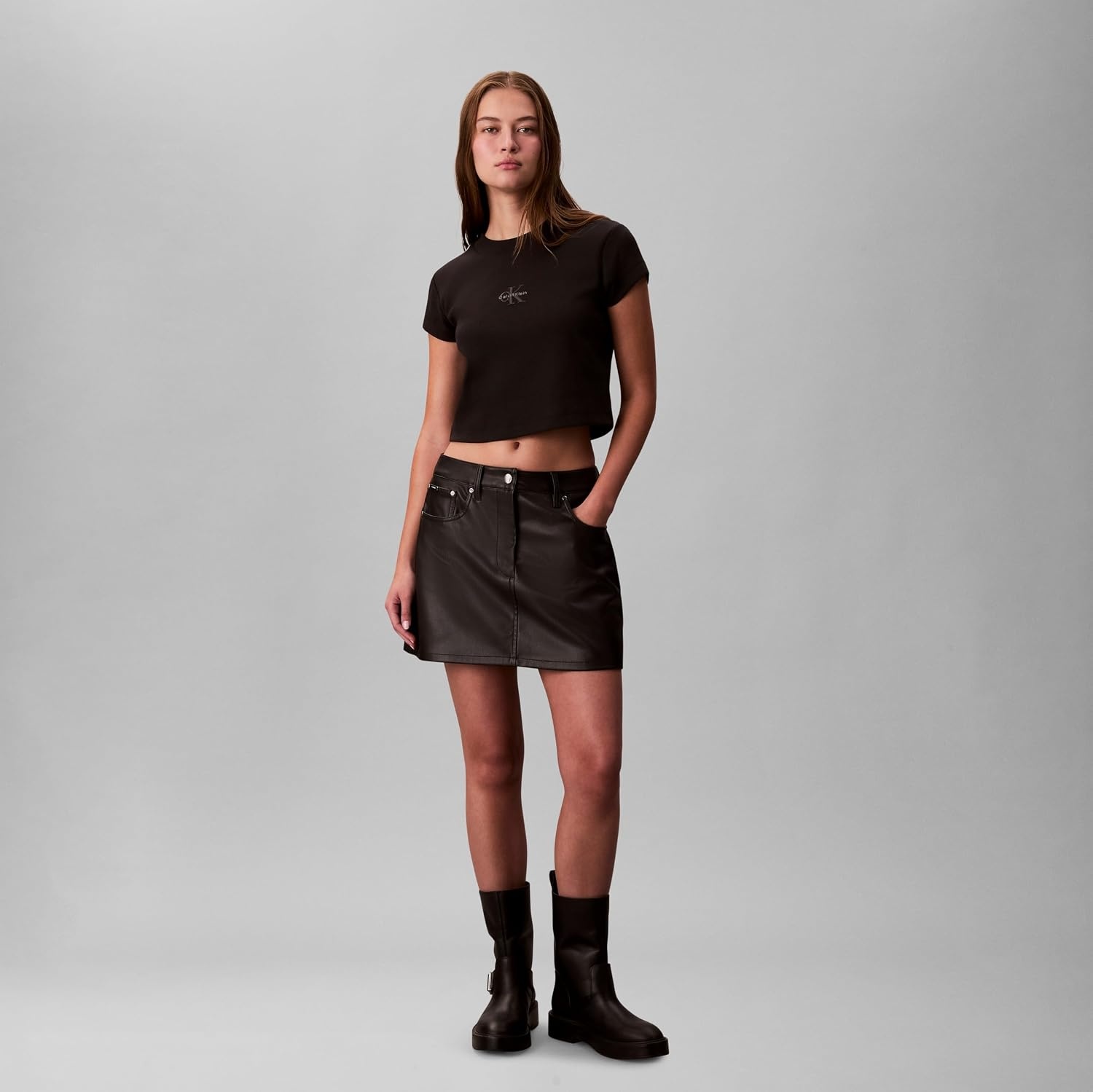 image:imageCalvin Klein Womens Monogram Logo Ribbed Baby TeeBlack