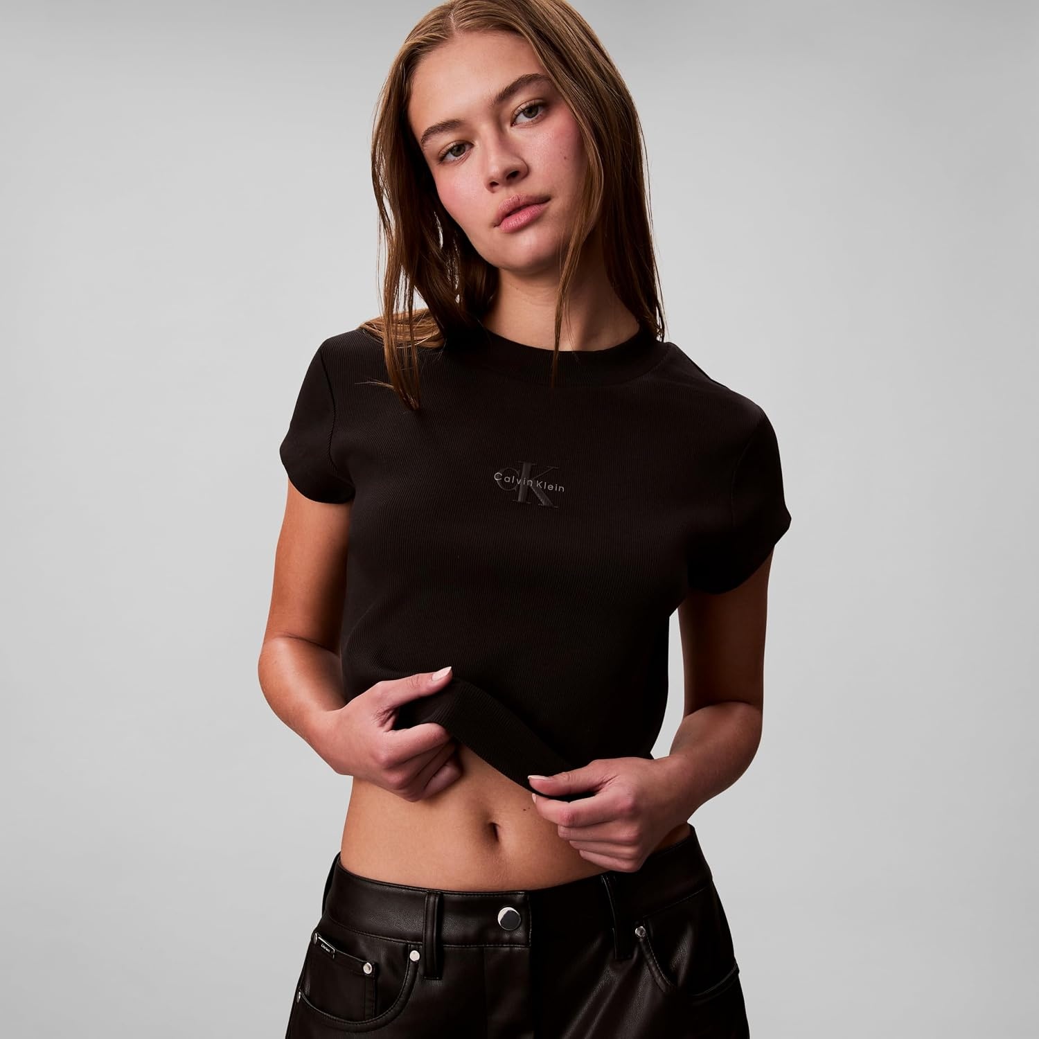 image:imageCalvin Klein Womens Monogram Logo Ribbed Baby TeeBlack