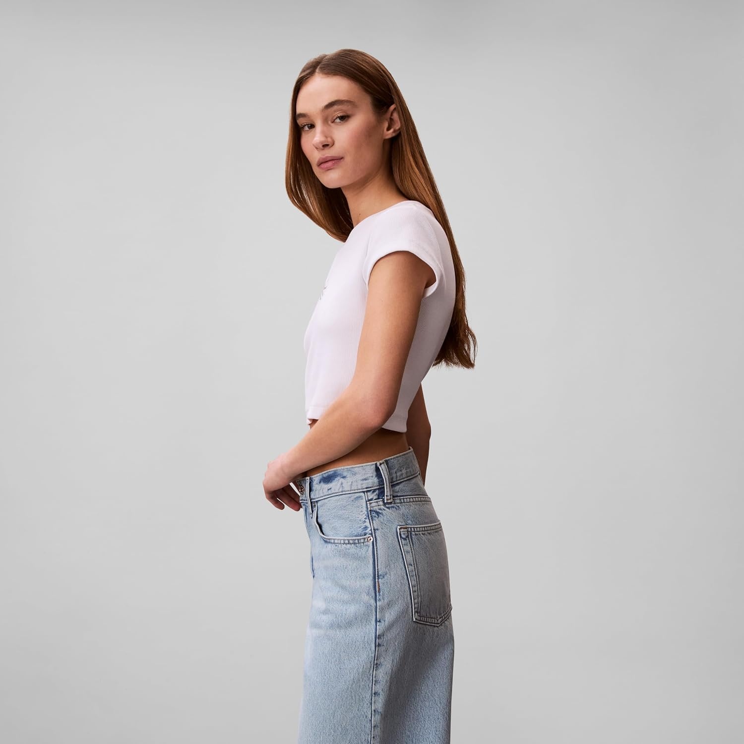 image:imageCalvin Klein Womens Monogram Logo Ribbed Baby TeeBrilliant White