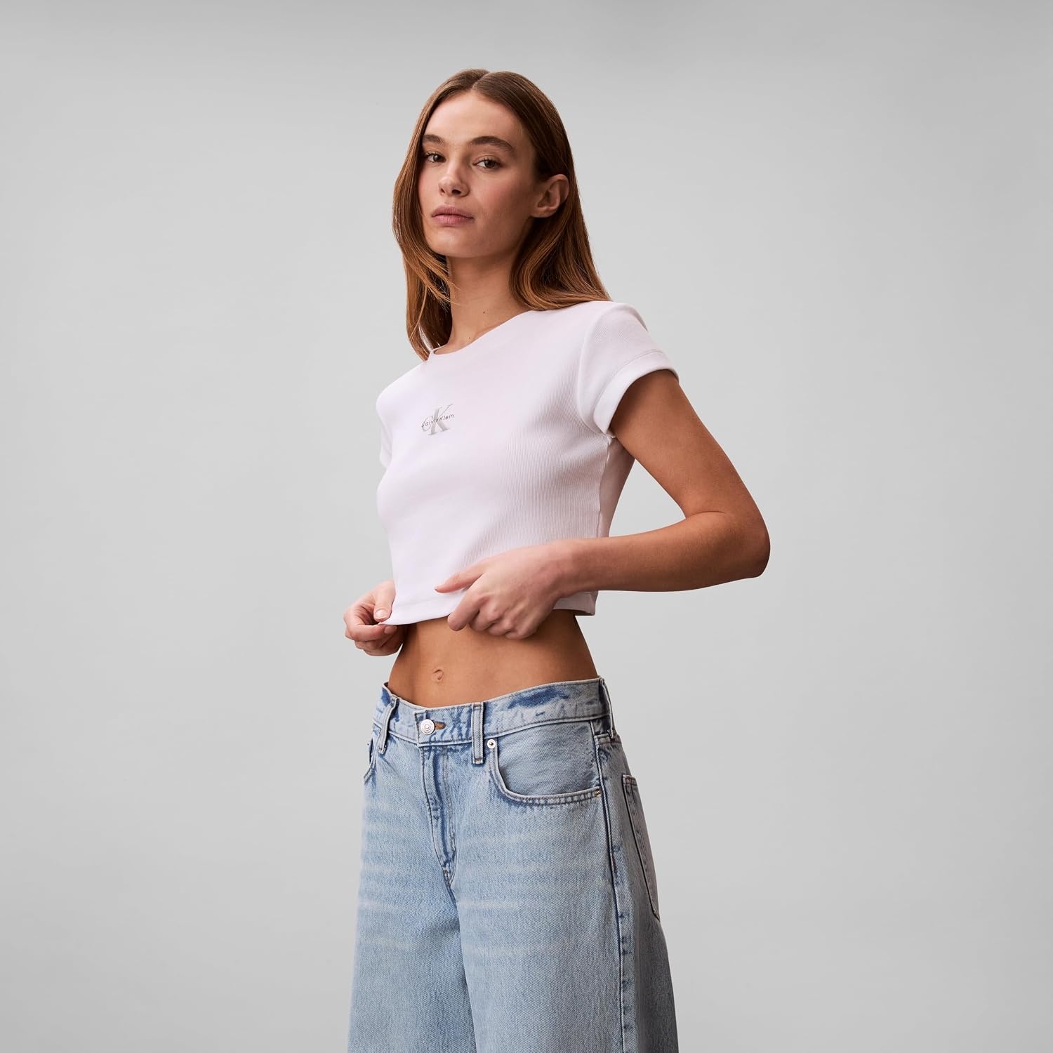 image:imageCalvin Klein Womens Monogram Logo Ribbed Baby TeeBrilliant White