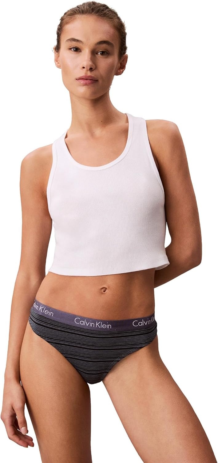 image:imageCalvin Klein Womens Motive Cotton Multipack Thong PantyBlackScorched DenimLeona Stripe and Scorched Denim